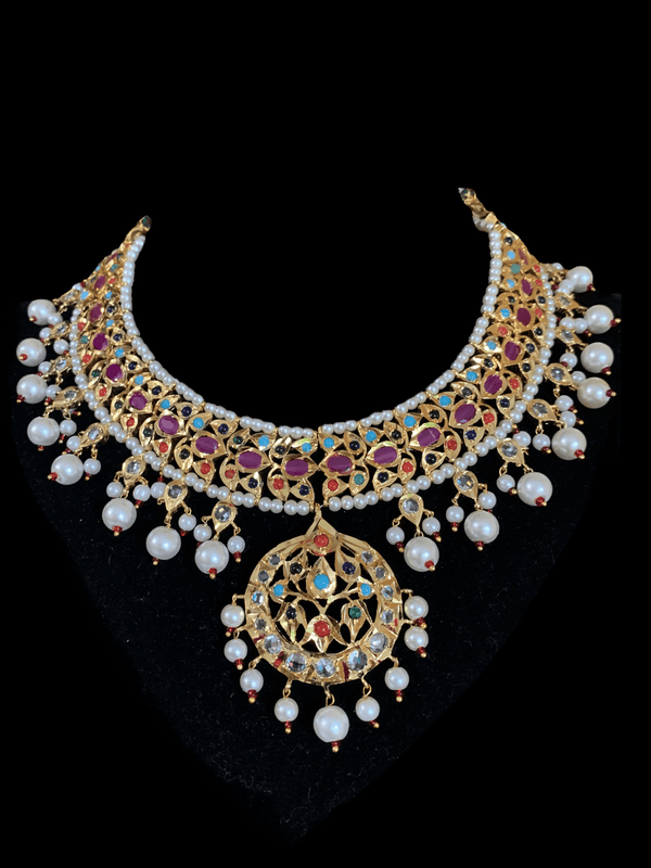 NS96 Neema navratan hyderabadi necklace set ( SHIPS IN 4 WEEKS)