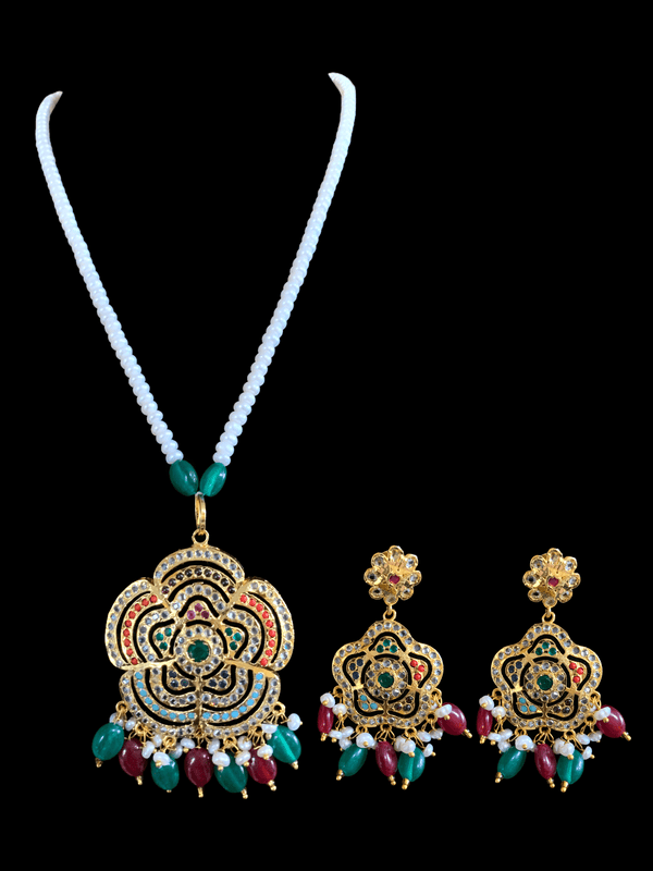 PS329 Shahla Navratan  with fresh water pearl pendant set ( READY TO SHIP )