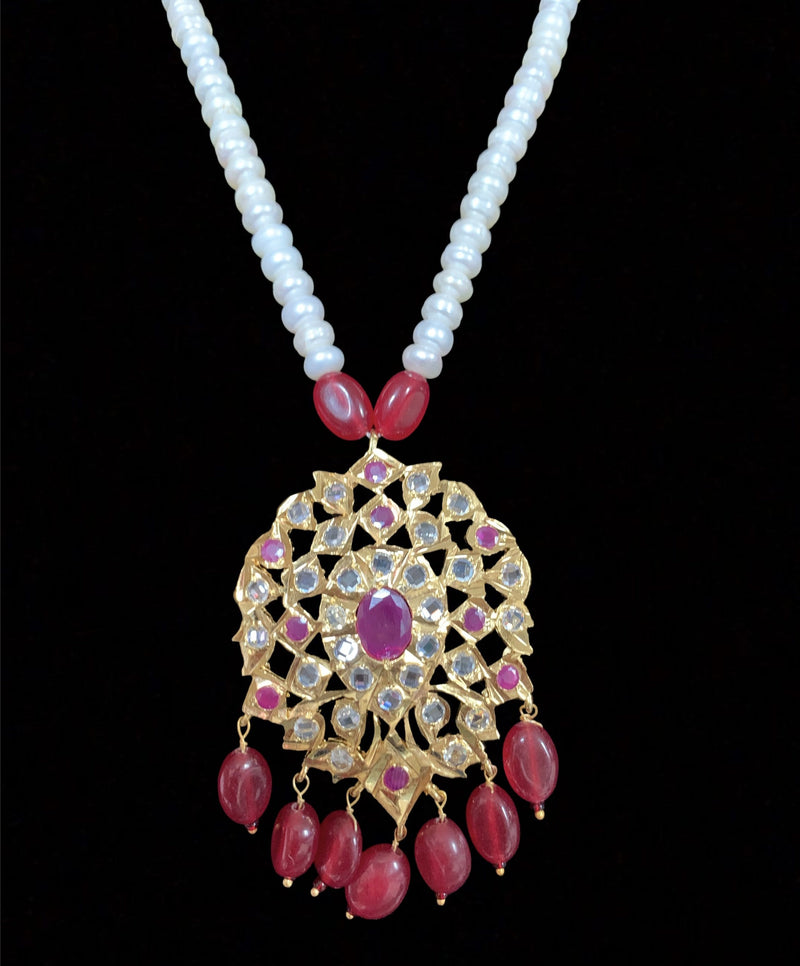 Neelam freshwater pearl pendant set  in red beads ( READY TO SHIP)