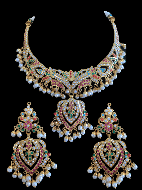 NS286  Taseen necklace set in navratan ( READY TO SHIP  )