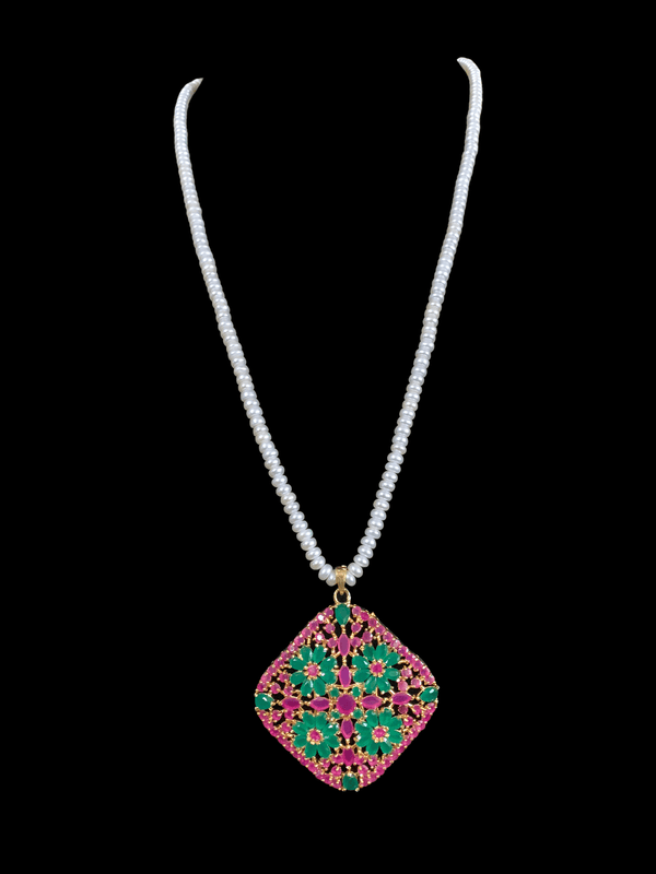 Ps411 Ramla pendant set in fresh water pearls -Ruby emerald   ( READY TO SHIP)