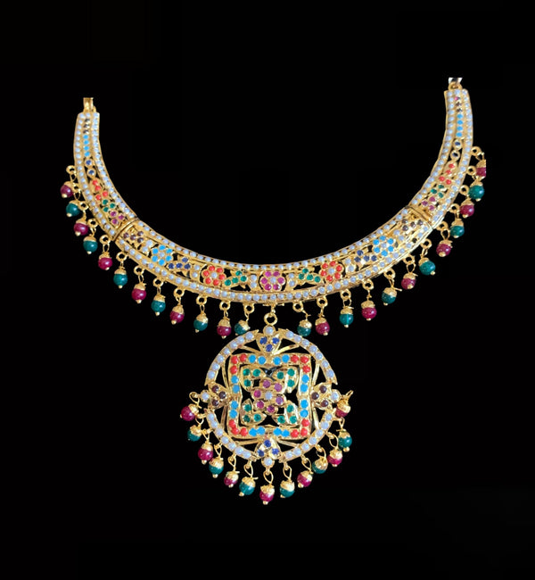 NS184 Ruchika  necklace set in navratan ( READY TO SHIP )