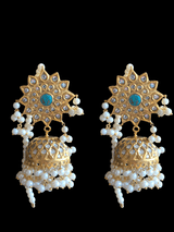 DER259 Lia Kundan jhumka (turquoise)  (READY TO SHIP  )