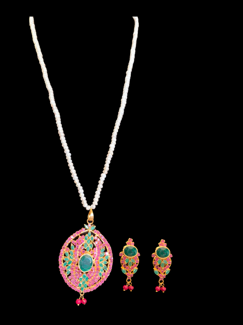 PS313 Gold plated ruby emerald  pendant set with fresh water pearls ( READY TO SHIP)