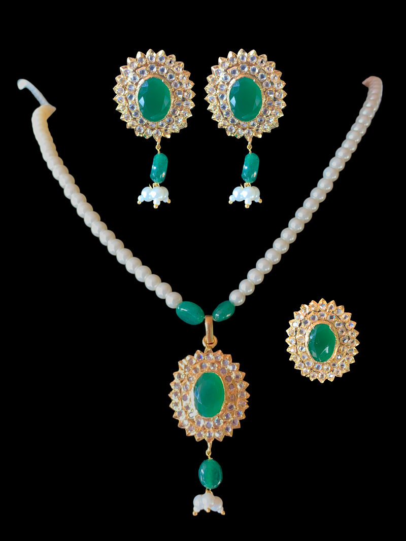 PS418 MEYAM Hyderabadi pendant set in green ( READY TO SHIP)