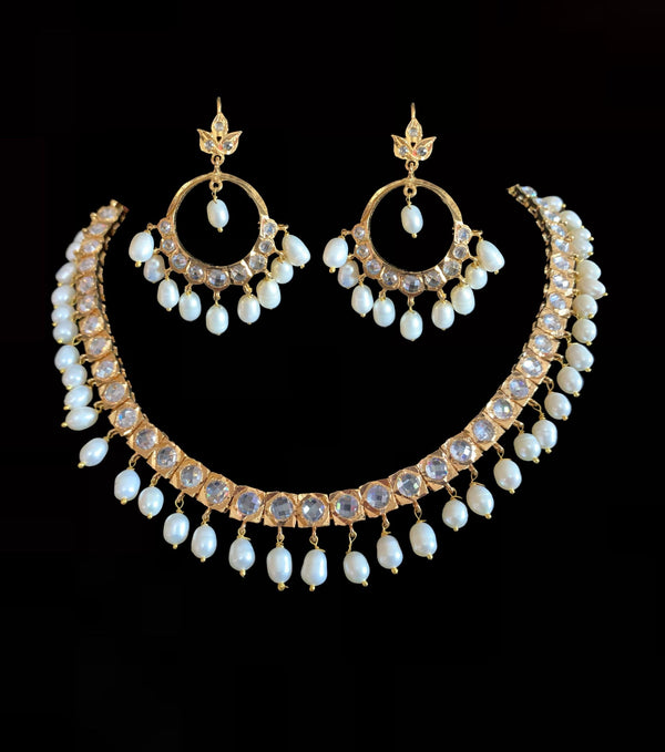 NS195 Barfi necklace with Chandbali in fresh water pearls  ( READY TO SHIP )