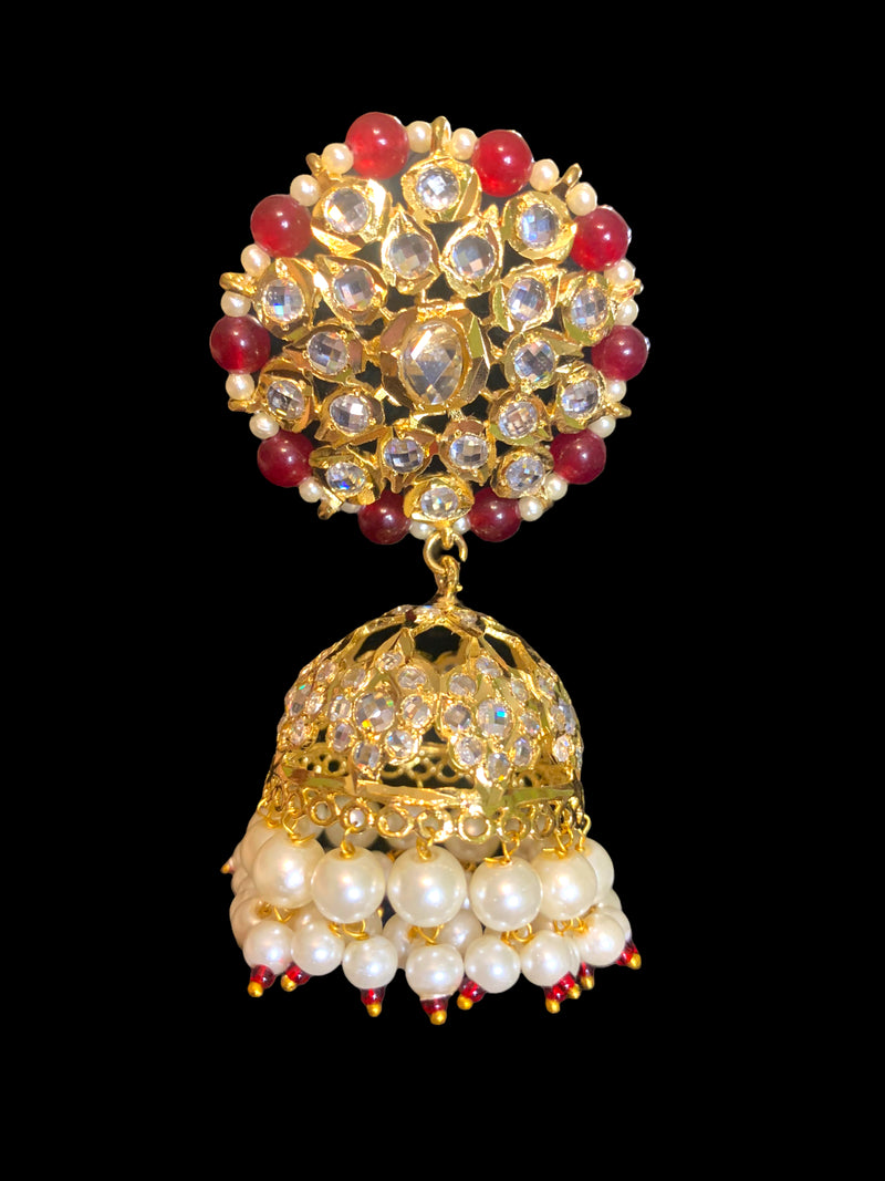 DER399 Amra hyderabadi jhumka in pearls  with ruby beads - large jhumka  ( READY TO SHIP)