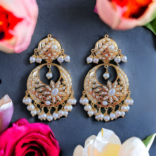92.5 silver gold plated Chandbali earrings in pearls ( READY TO SHIP )