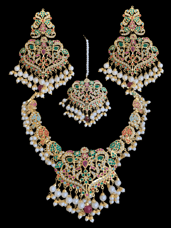 NS70 Neeli navratan jadau pearl necklace with earrings tika (SHIPS IN 4 WEEKS )