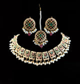 NS185 Payal jadau necklace with earrings tika in Navratan ( READY TO SHIP)