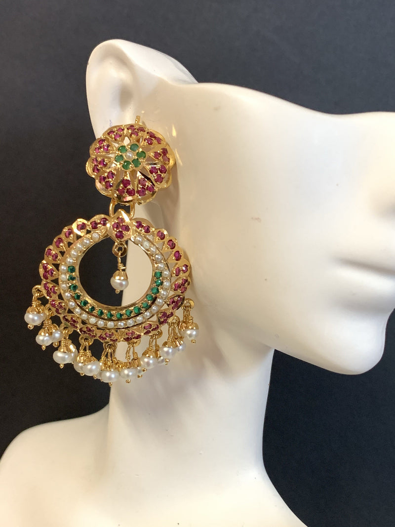 Ruby emerald Pearl Jadau earrings in gold plated silver  ER 030