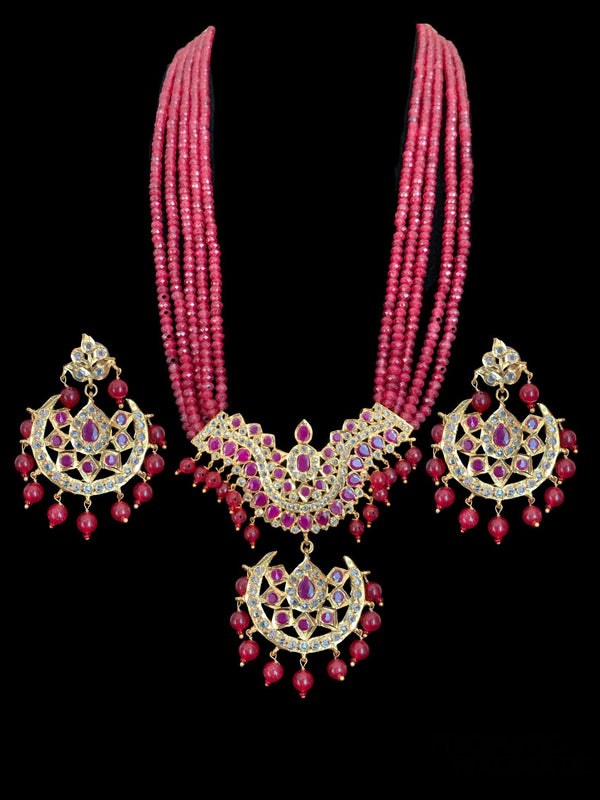 LN47 Ramia Hyderabadi long ruby beaded rani haar with earrings ( READY TO SHIP )