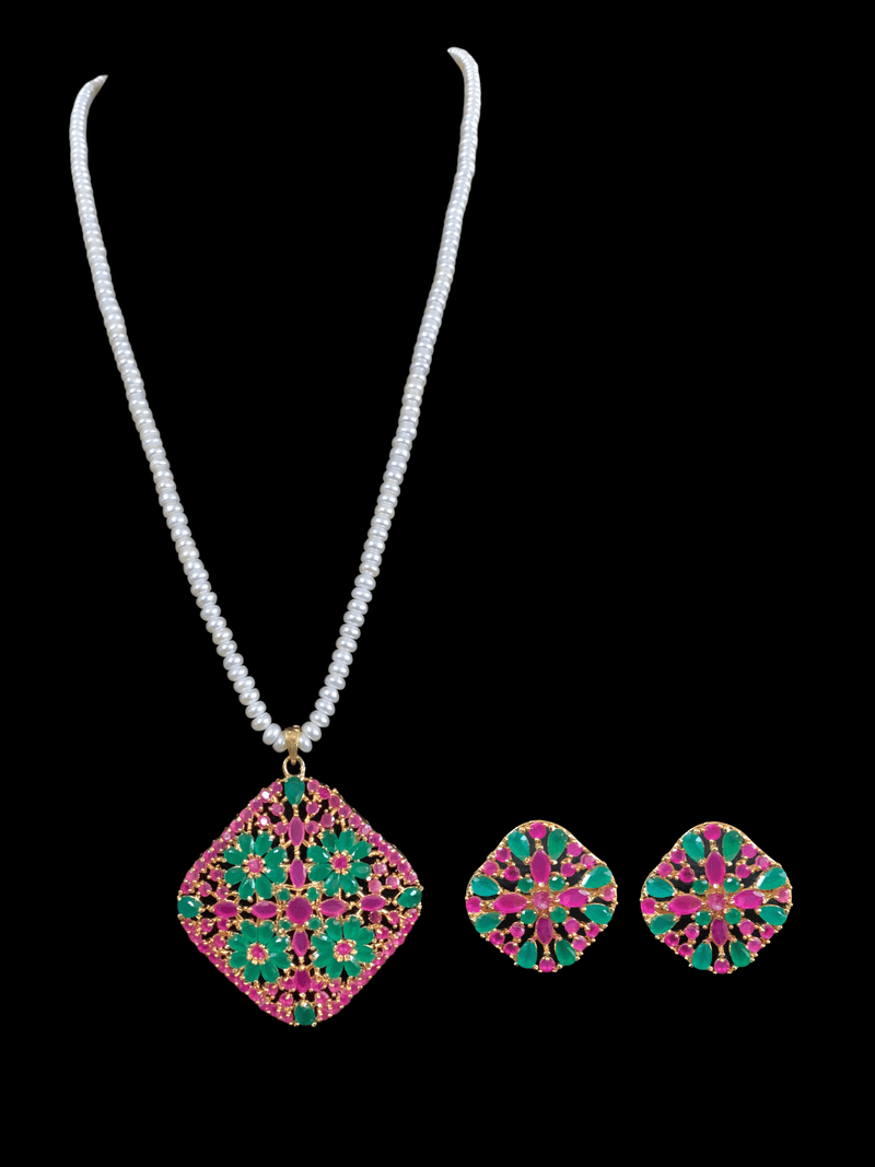 PS117 Ramla pendant set in fresh water pearls -Ruby emerald   ( READY TO SHIP)