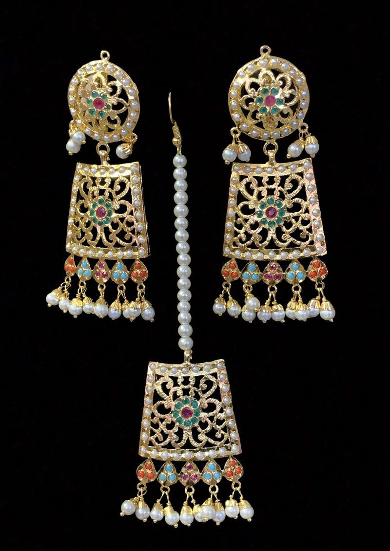 Safira necklace set with tika Navratan  ( READY TO SHIP)