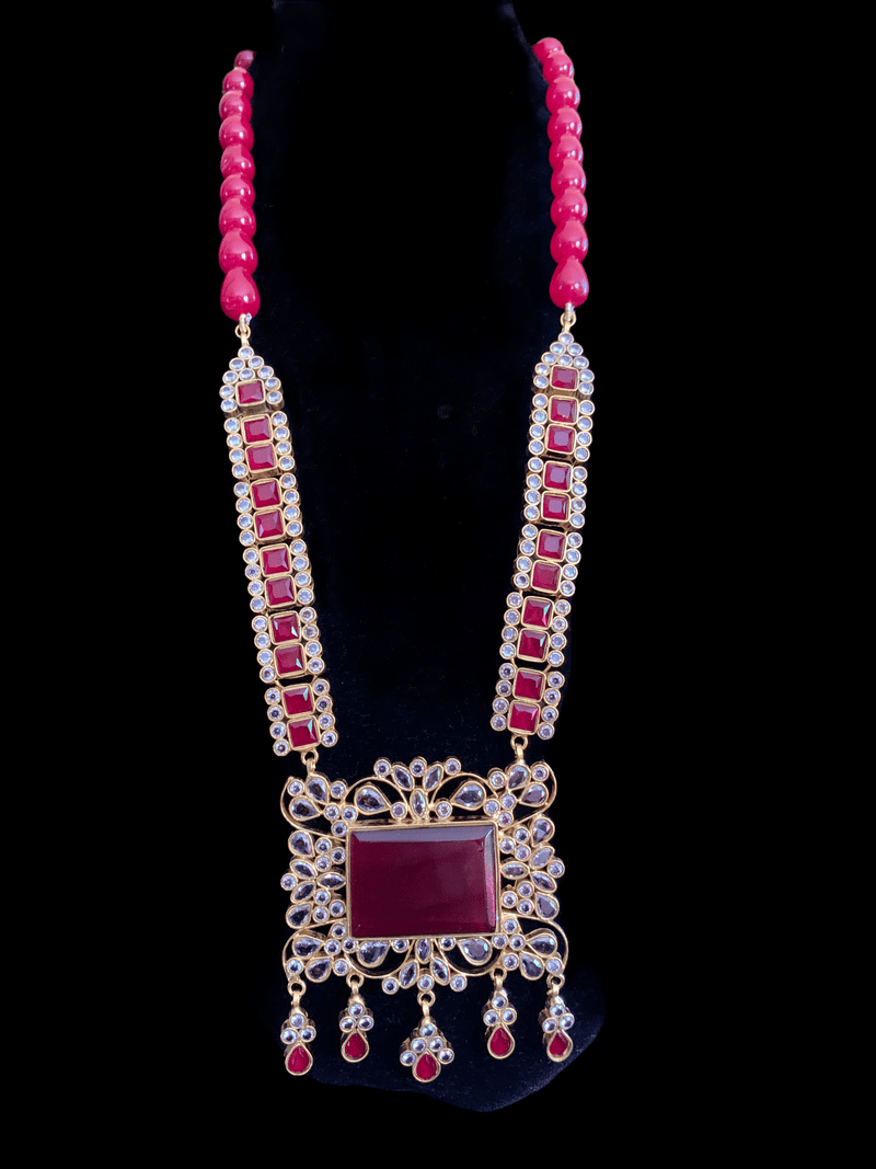 LN27 Farshi kundan long statement necklace set - Red ( READY TO SHIP  )