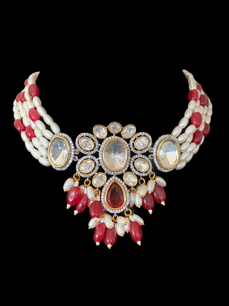 C207 Wajeeha polki choker with pearls and ruby beads ( READY TO SHIP)