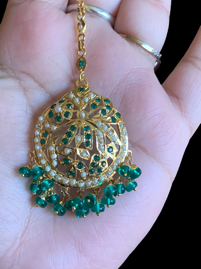 Gold plated silver tikka in pearls and emeralds