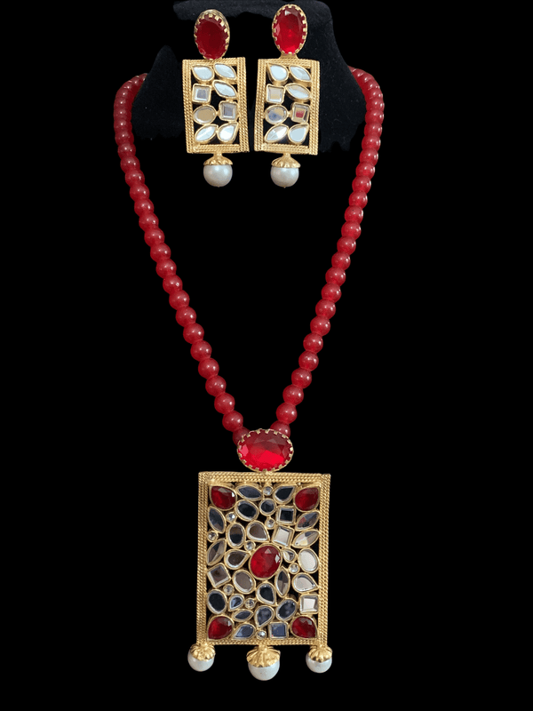 PS461 Farshi kundan pendant set in red beads    ( READY TO SHIP)