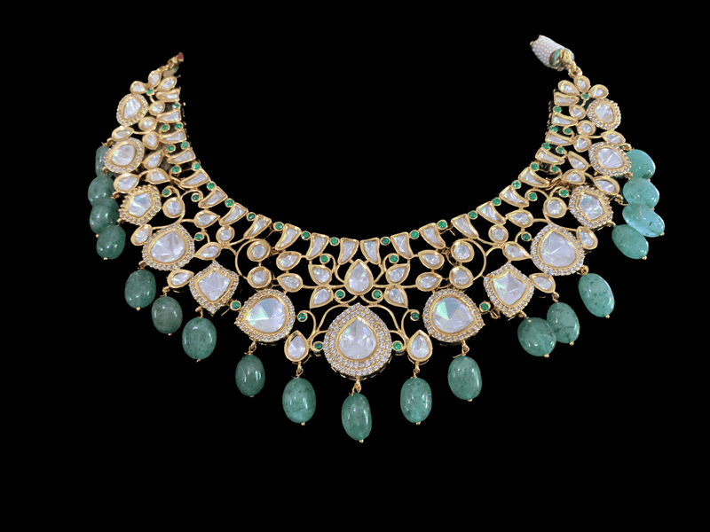 NS17 Tanu polki with emerald  beads necklace set (SHIPS IN 4 WEEKS  )