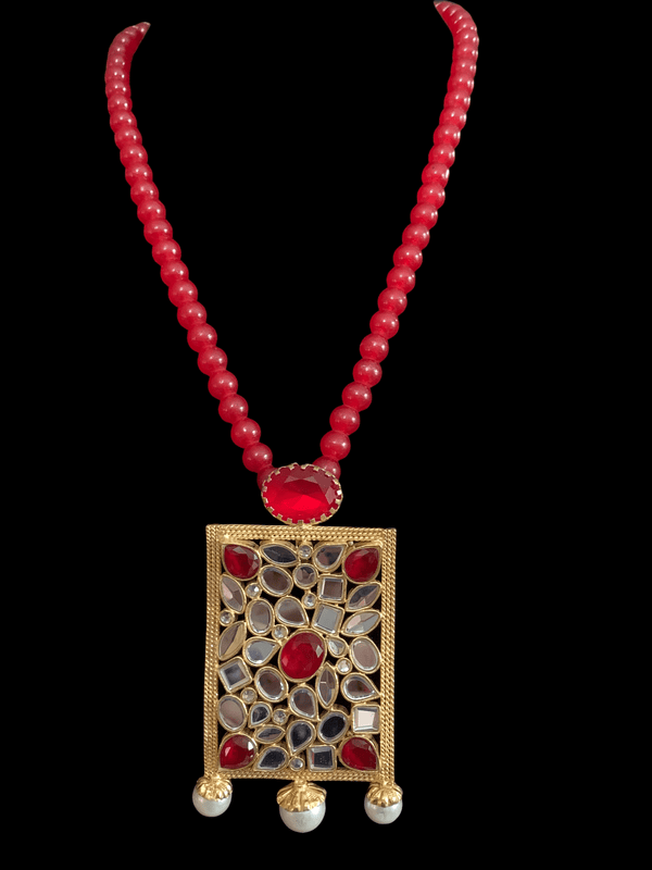 PS461 Farshi kundan pendant set in red beads    ( READY TO SHIP)