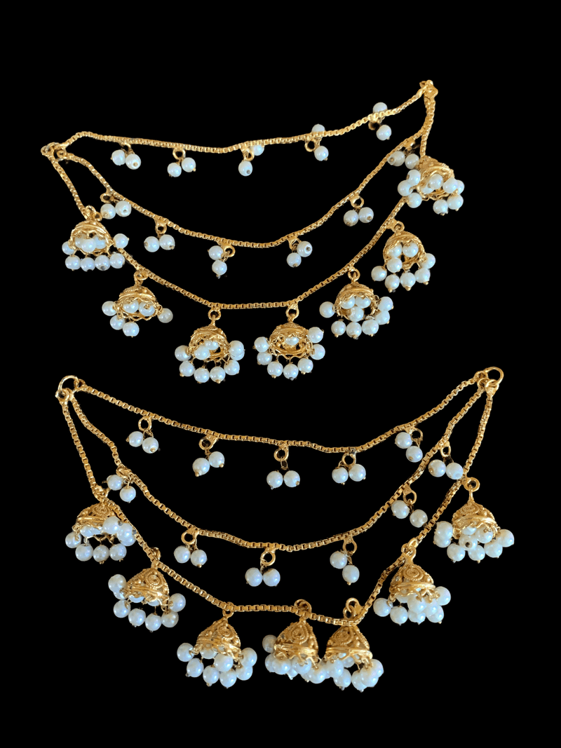 Three layer  pearl chain ear supports with jhumka  ( READY TO SHIP )