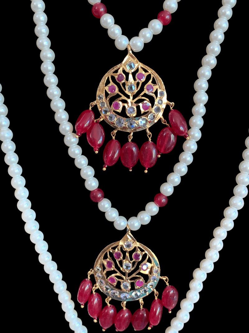 SAT39 Three layer long bridal neckalce set with earrings in rubies ( READY TO SHIP )