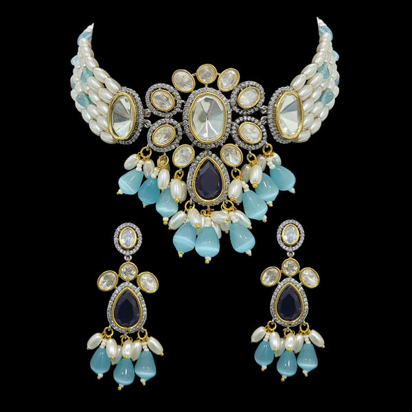 C205 Wajeeha polki choker with pearls and mint blue beads ( READY TO SHIP)