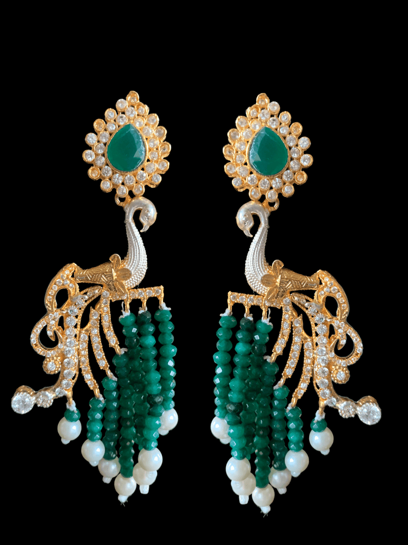 DER258 Pearl peacock earrings with green beads ( SHIPS IN 4 WEEKS )