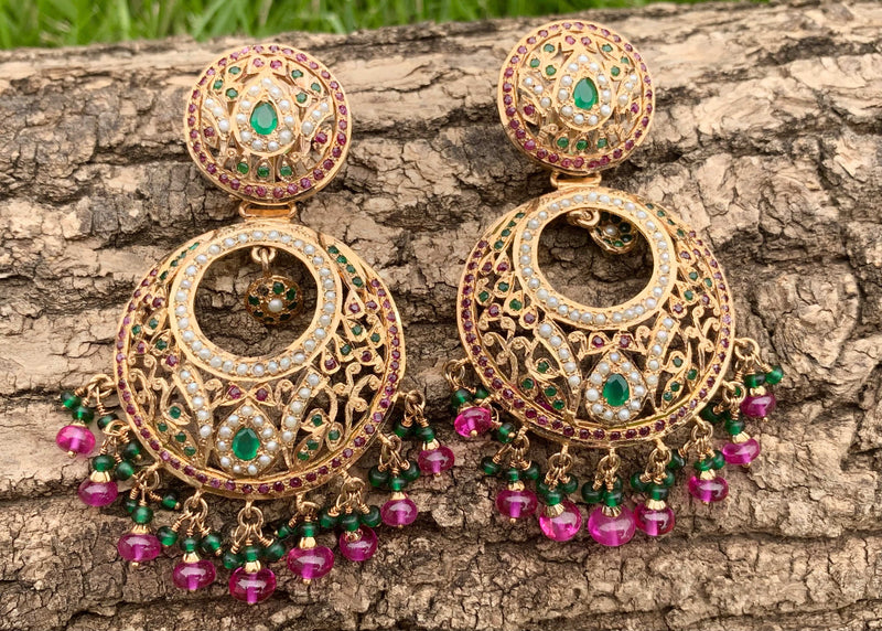 Multicolored Jadau Chandbali Earrings in Gold Plated Silver ER 237