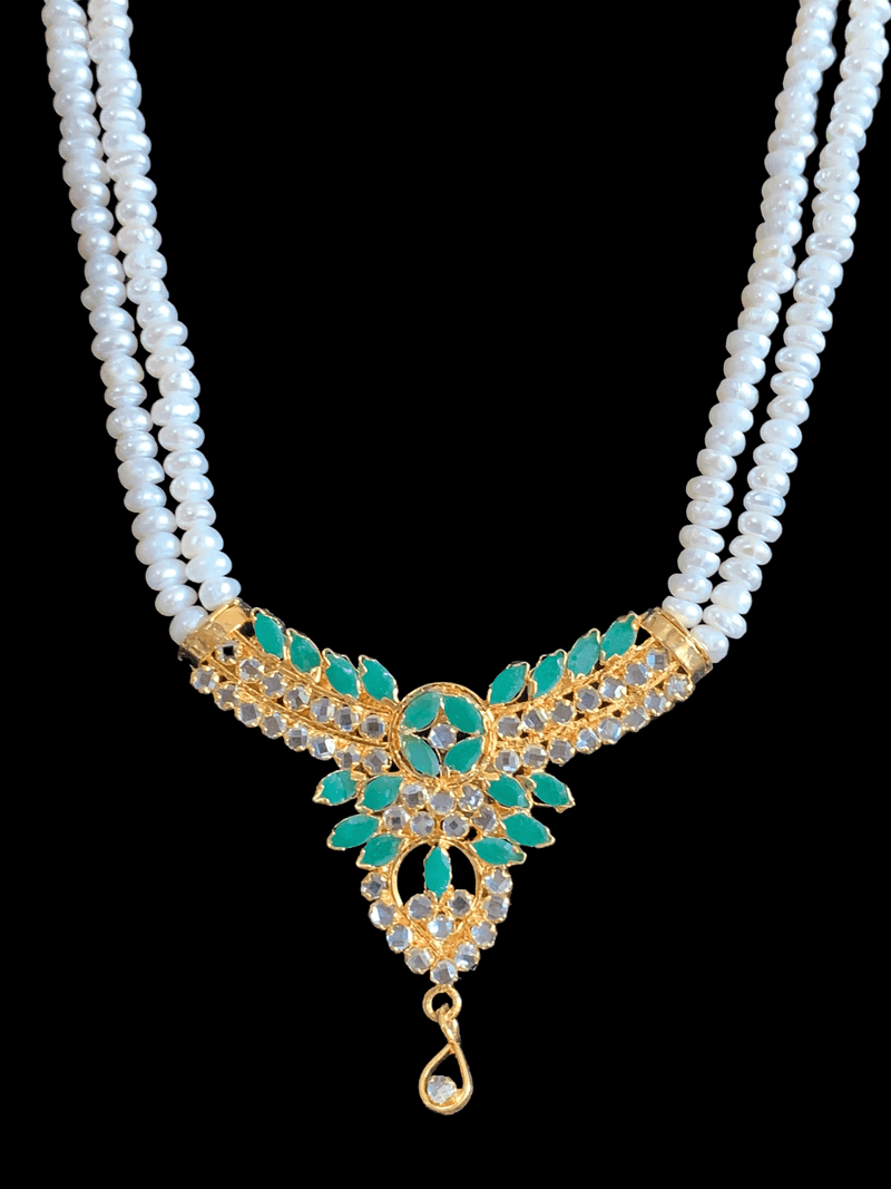 LN135 emerald  long  necklace  set in fresh water pearls ( READY TO SHIP )