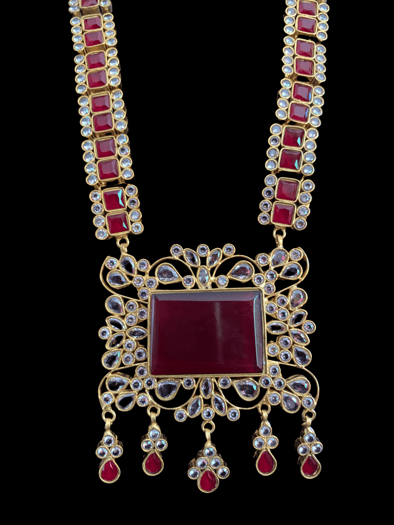 LN27 Farshi kundan long statement necklace set - Red ( READY TO SHIP  )