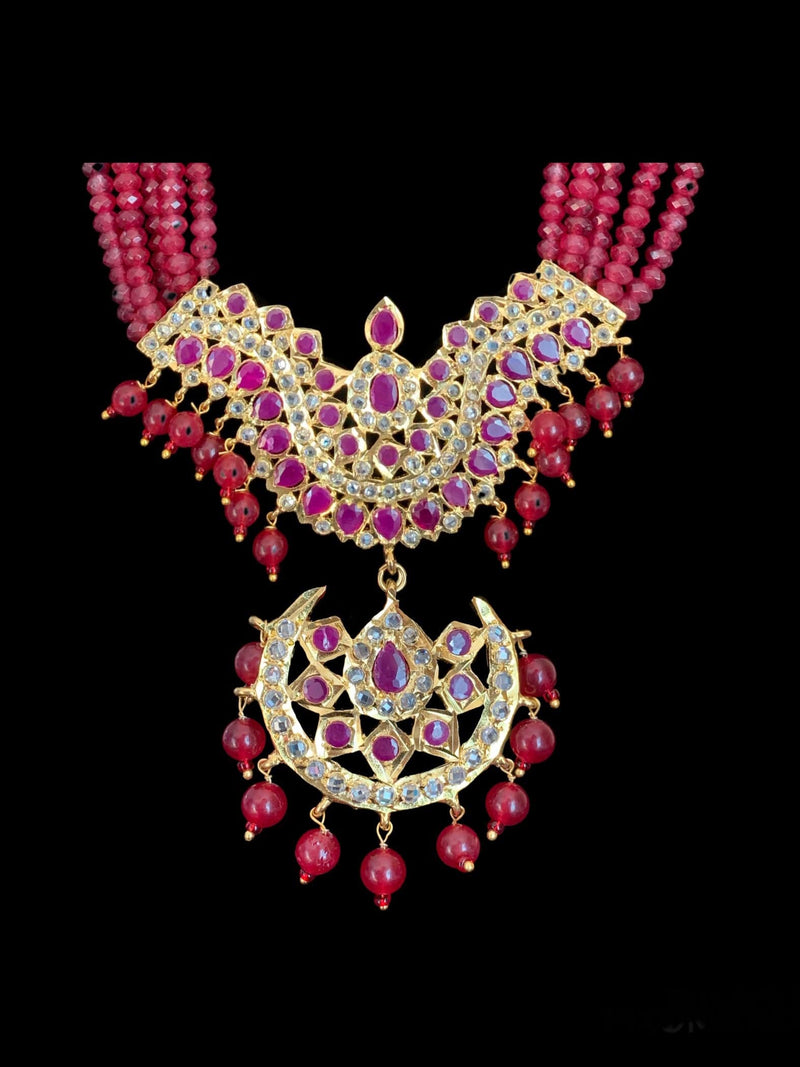 LN47 Ramia Hyderabadi long ruby beaded rani haar with earrings ( READY TO SHIP )