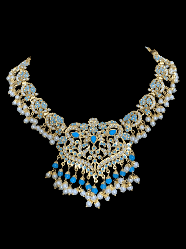 NS210 Neeli jadau pearl necklace with earrings tika in turquoise (READY TO SHIP  )