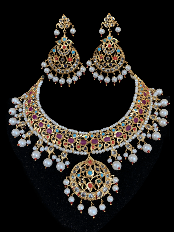 NS96 Neema navratan hyderabadi necklace set ( SHIPS IN 4 WEEKS)