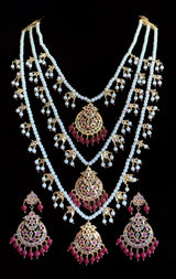 Tooba ruby three layered pearl necklace with earrings and Tika (SHIPS IN 4 WEEKS )