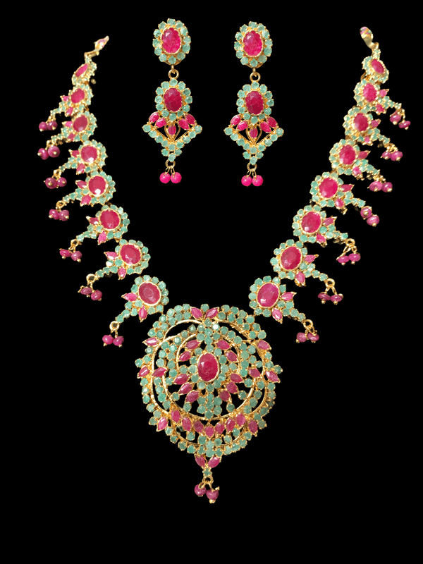 NS45, Neelam real ruby emerald gold plated necklace set ( READY TO SHIP)