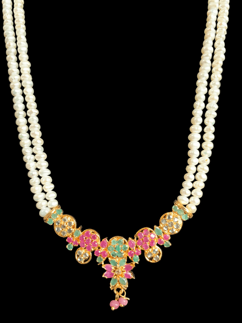 LN130 Ruby emerald long  necklace  set in fresh water pearls ( READY TO SHIP )