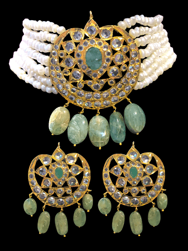 Hyderabadi fresh water pearls with emerald choker in gold plated silver