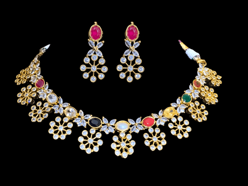 NS135 Navratan necklace with earrings ( READY TO SHIP)