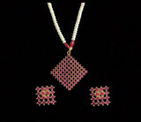Nandini red/ruby    long pendant set with earrings in  fresh water pearls (READY TO SHIP )