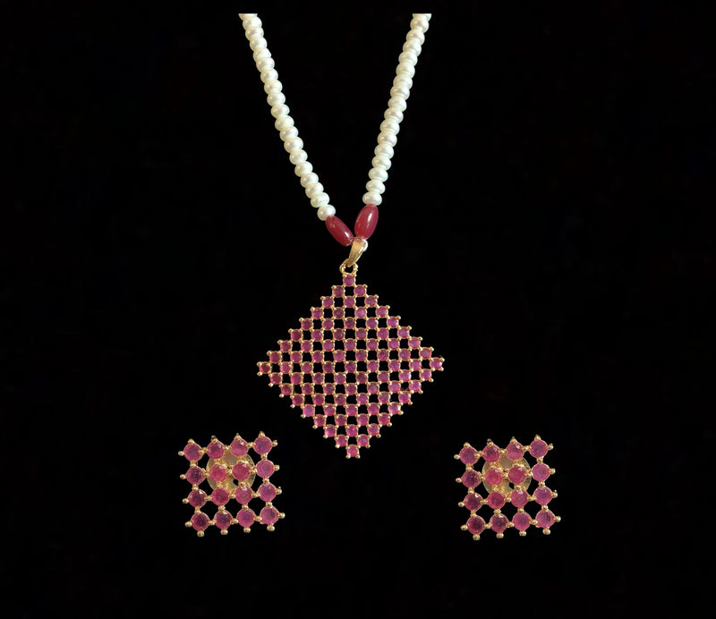 Nandini red/ruby    long pendant set with earrings in  fresh water pearls (READY TO SHIP )