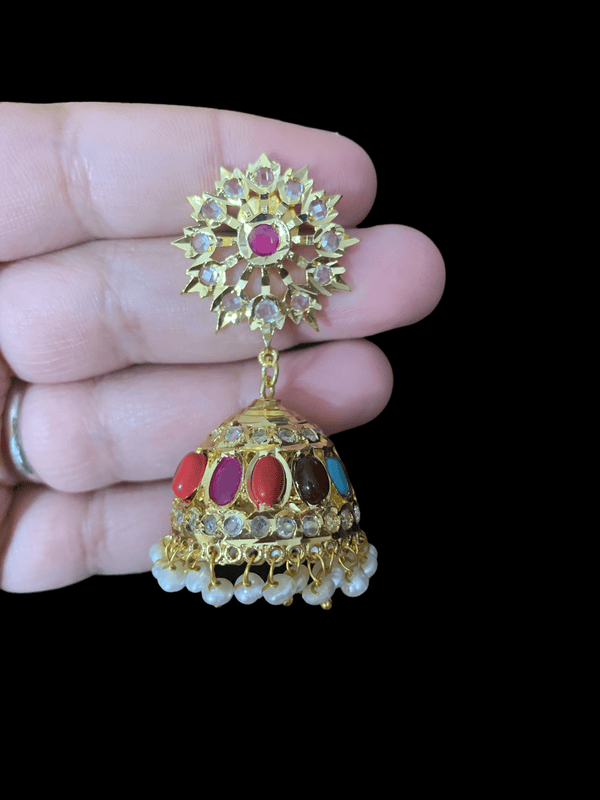 Hyderabadi fresh water pearl jhumka -navratan  ( READY TO SHIP )