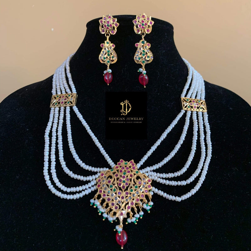 NS103 Sajal necklace in ruby emerald with fresh water  pearls (READY TO SHIP )