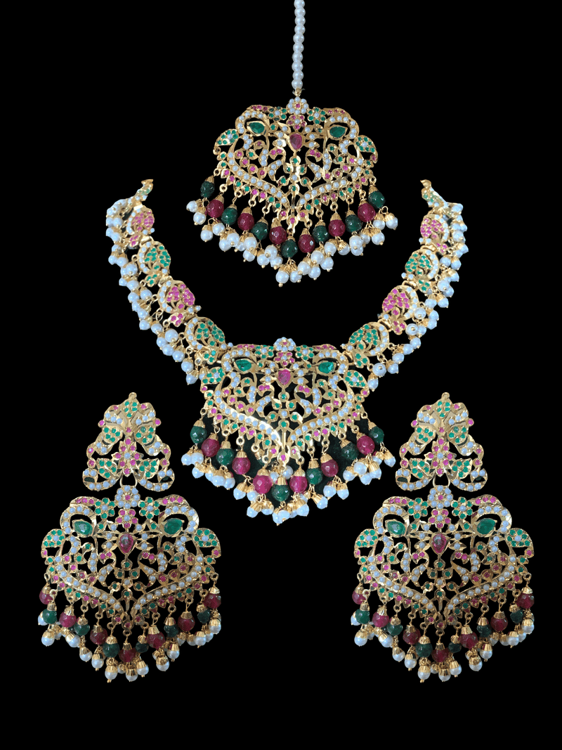 NS72 Neeli jadau pearl necklace with earrings tika in ruby emerald(READY TO SHIP)