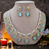 ZAFRIN gold plated silver necklace set in emerald beads  ( READY TO SHIP)