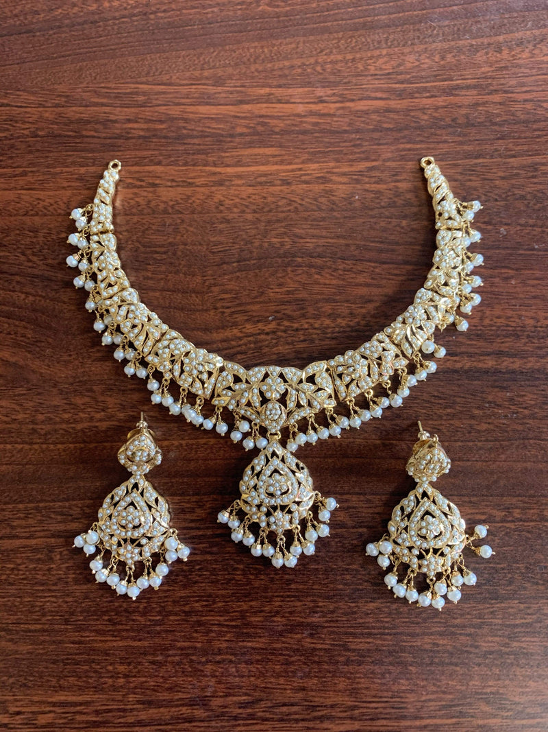 All Pearl Jadau Necklace Set in Gold Plated Sterling Silver NS 058