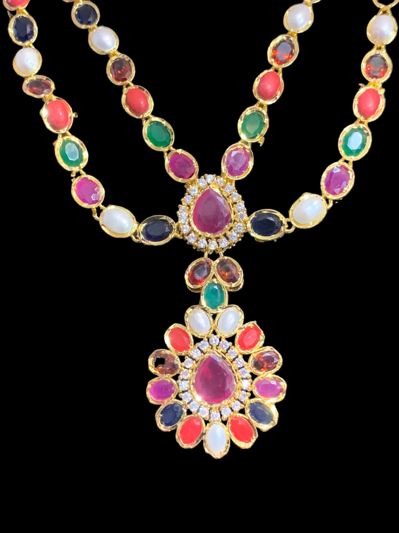 NS362 Farhat Navratan gold plated short necklace with earrings