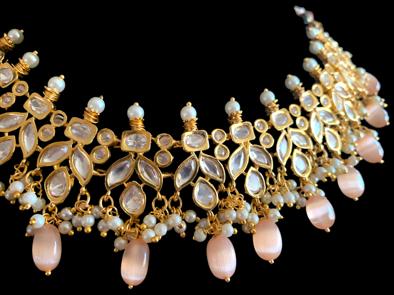 NS352 high quality polki necklace in pearls and peach beads ( READY TO SHIP)