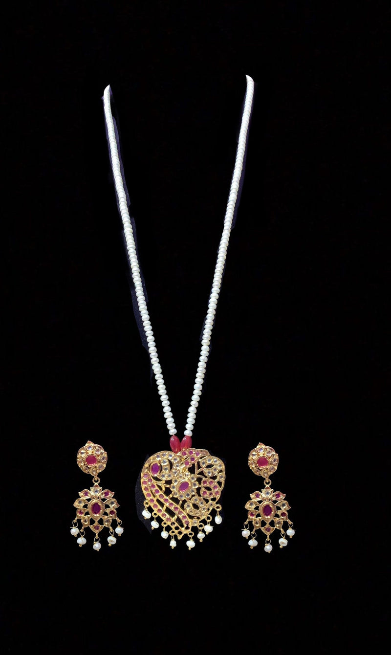 Akriti long pendant set with earrings in  fresh water pearls (READY TO SHIP )