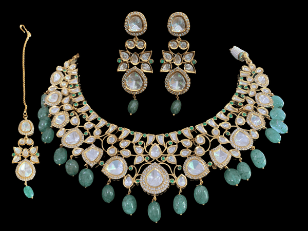 NS17 Tanu polki with emerald  beads necklace set (SHIPS IN 4 WEEKS  )